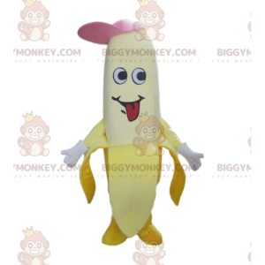 Banana BIGGYMONKEY™ mascot costume with a cap, giant fruit
