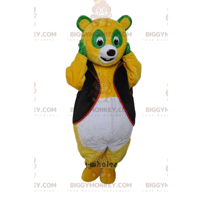 Trefärgad panda BIGGYMONKEY™ maskotdräkt, färgglad Trefärgad panda BIGGYMONKEY™ maskotdräkt, färgglad