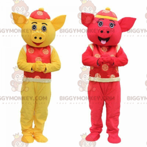 2 BIGGYMONKEY™s maskot av gule og røde griser, asiatisk BIGGYMONKEY™s maskot - Grisemaskotter - BiggyMonkey.com