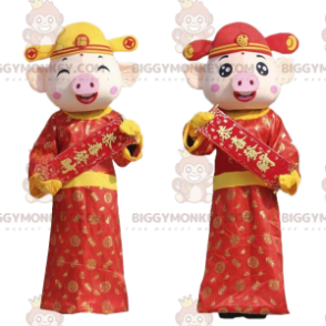 2 porcos mascote do BIGGYMONKEY™ em trajes asiáticos, mascote do BIGGYMONKEY™ asiático - Mascotes de porco - BiggyMonkey.com
