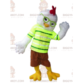 Chicken BIGGYMONKEY™ maskottiasu, jossa lasit ja värikäs asu -