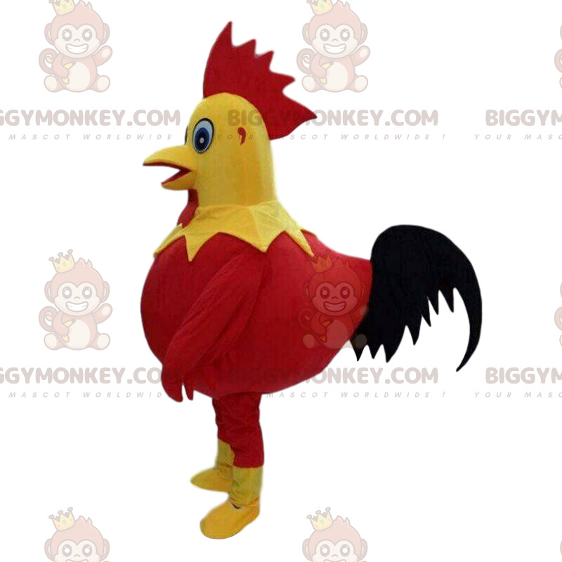 BIGGYMONKEY™ maskot kostume rød, gul og sort hane, kylling BIGGYMONKEY™ maskot kostume rød, gul og sort hane, kylling