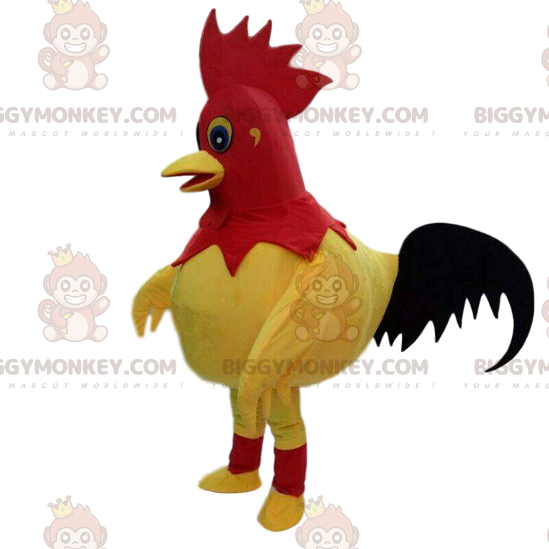 Disfraz de mascota BIGGYMONKEY™ de gallo amarillo, rojo y Disfraz de mascota BIGGYMONKEY™ de gallo amarillo, rojo y