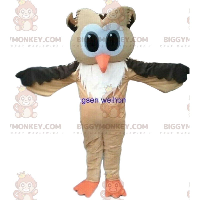 Traje de mascote BIGGYMONKEY™ Coruja marrom e branca com olhos Traje de mascote BIGGYMONKEY™ Coruja marrom e branca com olhos