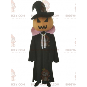 Pumpkin BIGGYMONKEY™ mascot costume with black cape, Halloween