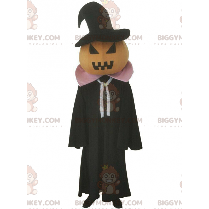 Pumpkin BIGGYMONKEY™ maskotkostume med sort kappe, Halloween-kostume - Vegetabilske maskot - BIGGYMONKEY_09544 - BiggyMonkey.com