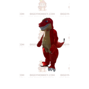 Divoce vypadající kostým maskota červeného dinosaura