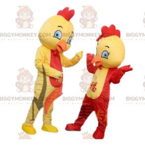 Traje de mascote BIGGYMONKEY™, galinhas amarelas e vermelhas