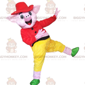 Kostium maskotka różowa świnia BIGGYMONKEY™ ubrana w kolorowy