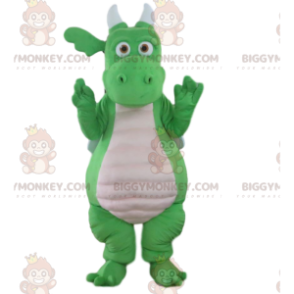 BIGGYMONKEY™ maskot kostume grøn og hvid drage, kæmpe dinosaur