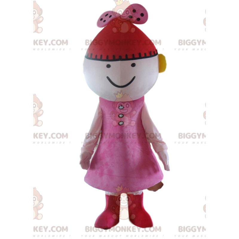 BIGGYMONKEY™-mascottekostuum, roze babypopkostuum met rode hoed BIGGYMONKEY™-mascottekostuum, roze babypopkostuum met rode hoed