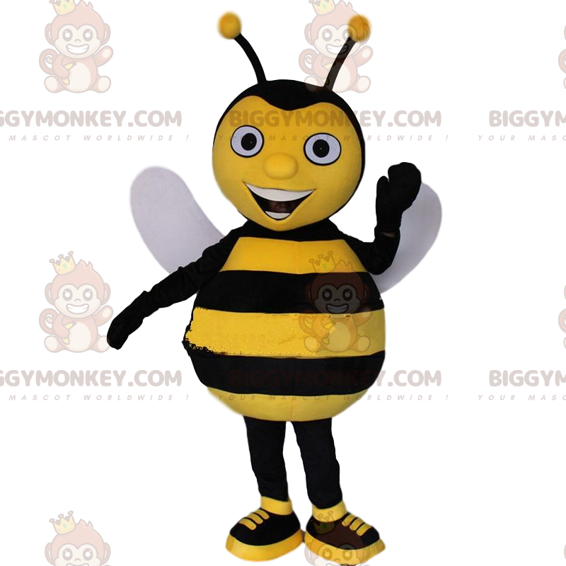 BIGGYMONKEY™ mascot costume yellow and black bee, smiling wasp BIGGYMONKEY™ mascot costume yellow and black bee, smiling wasp