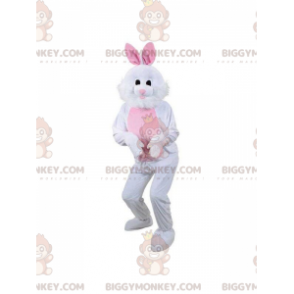 BIGGYMONKEY™ vit och rosa kaninmaskotdräkt, plysch kaninkostym