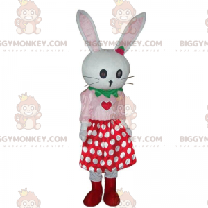 Στολή μασκότ White Rabbit BIGGYMONKEY™ με φούστα πουά, βελούδινο κουνέλι - Μασκότ κουνελιού - BiggyMonkey.com