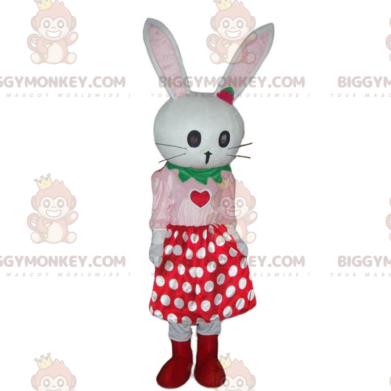 Στολή μασκότ White Rabbit BIGGYMONKEY™ με φούστα πουά, βελούδινο κουνέλι - Μασκότ κουνελιού - BiggyMonkey.com