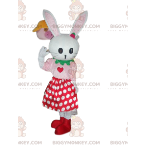 Στολή μασκότ White Rabbit BIGGYMONKEY™ με φούστα πουά, βελούδινο κουνέλι - Μασκότ κουνελιού - BiggyMonkey.com
