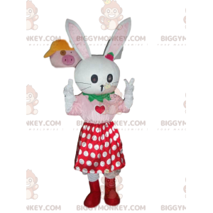 Στολή μασκότ White Rabbit BIGGYMONKEY™ με φούστα πουά, βελούδινο κουνέλι - Μασκότ κουνελιού - BiggyMonkey.com