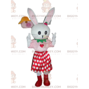 Στολή μασκότ White Rabbit BIGGYMONKEY™ με φούστα πουά, βελούδινο κουνέλι - Μασκότ κουνελιού - BiggyMonkey.com
