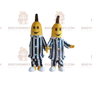 2 BIGGYMONKEY™s maskot af bananer i sort-hvidstribet tøj -