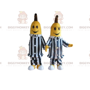 2 BIGGYMONKEY™s maskot av bananer i svarte og hvite stripete klær - Frukt maskot - BIGGYMONKEY_09631 - BiggyMonkey.com