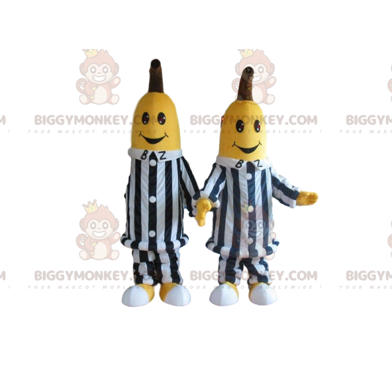 2 bananas, la mascota de BIGGYMONKEY™, con ropa a rayas blancas