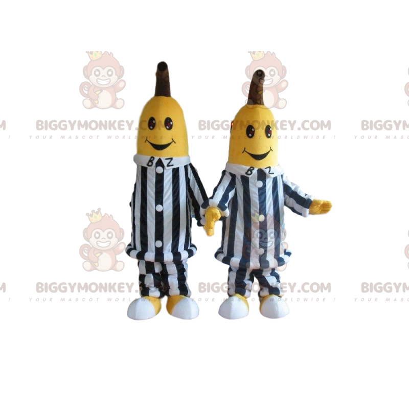 Duo de mascottes BIGGYMONKEY™ de bananes en habits à rayures Duo de mascottes BIGGYMONKEY™ de bananes en habits à rayures