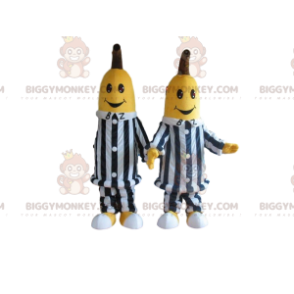 2 BIGGYMONKEY™s maskot af bananer i sort-hvidstribet tøj -