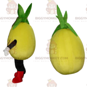 Yellow Fruit BIGGYMONKEY™ maskottiasu, hymyilevä sitruuna BIGGYMONKEY™ maskottiasu - Hedelmän maskotti - BiggyMonkey.com