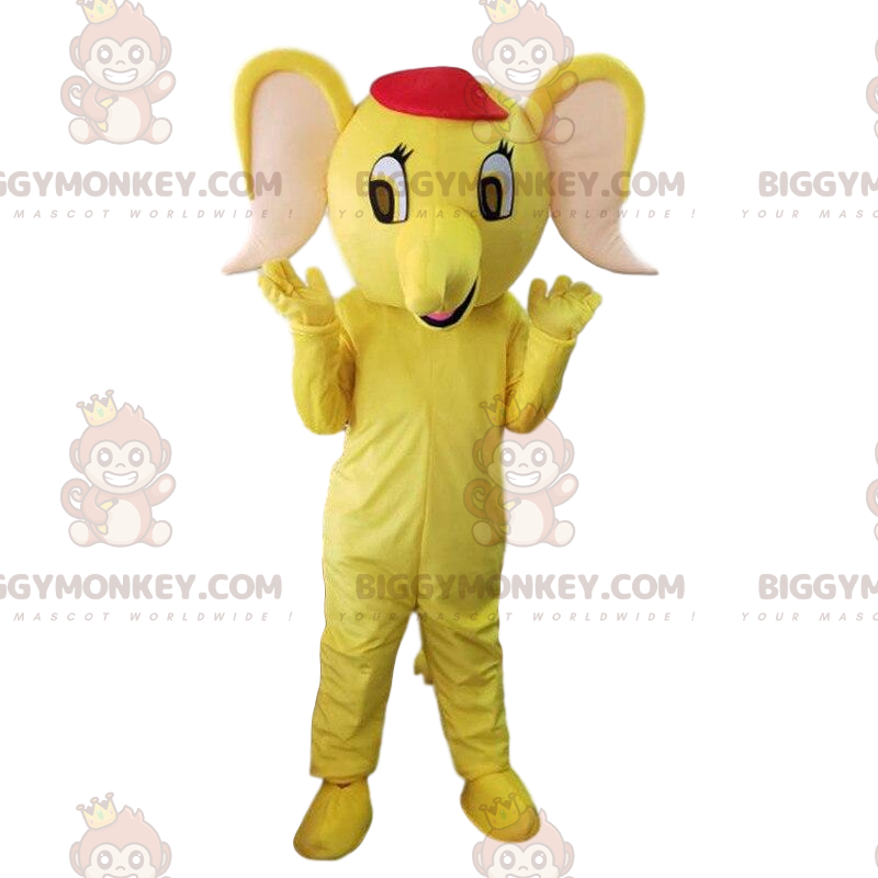 Traje de mascote de elefante amarelo BIGGYMONKEY™, fantasia de Traje de mascote de elefante amarelo BIGGYMONKEY™, fantasia de