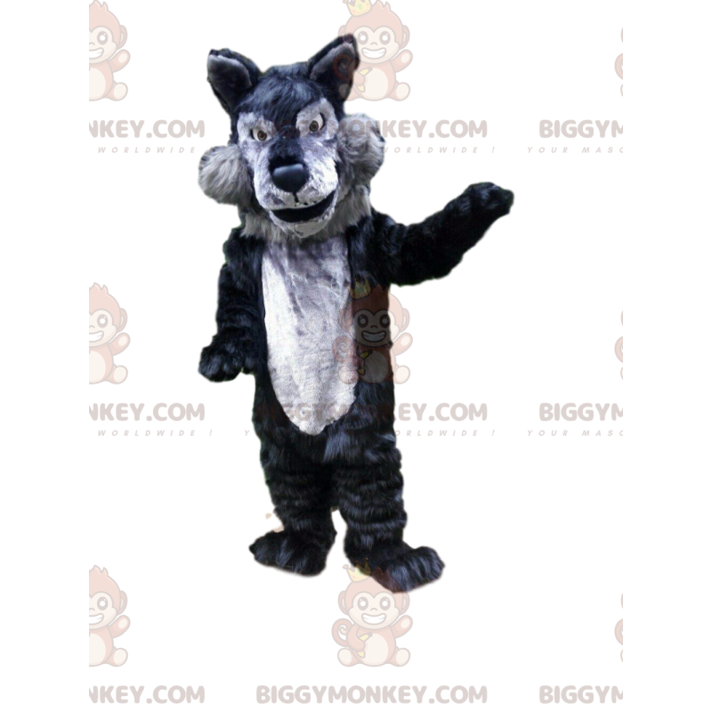BIGGYMONKEY™ costume da mascotte di lupo grigio e nero, costume BIGGYMONKEY™ costume da mascotte di lupo grigio e nero, costume