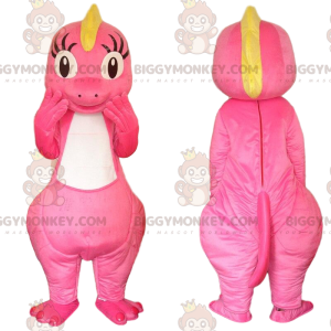 BIGGYMONKEY™ maskot kostume pink og gul dinosaur, pink drage