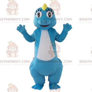 Blauw en wit dinosaurus BIGGYMONKEY™ mascottekostuum, kleurrijk