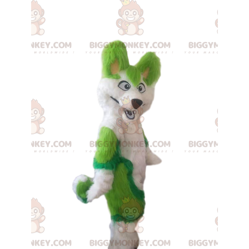 BIGGYMONKEY™ mascot costume white and green husky dog, hairy