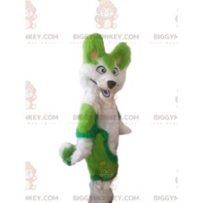 Fato de mascote BIGGYMONKEY™ cão husky branco e verde, fato de