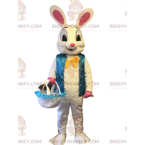 Big Bunny BIGGYMONKEY™ maskotdräkt med blå väst, kaninkostym -