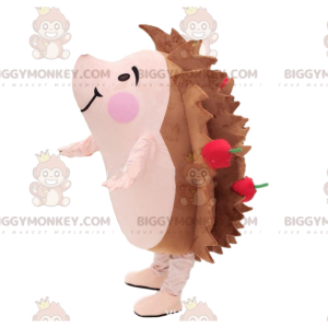 Disfraz de mascota erizo marrón y rosa con manzanas