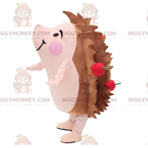 Fantasia de mascote de ouriço marrom e rosa com maçãs