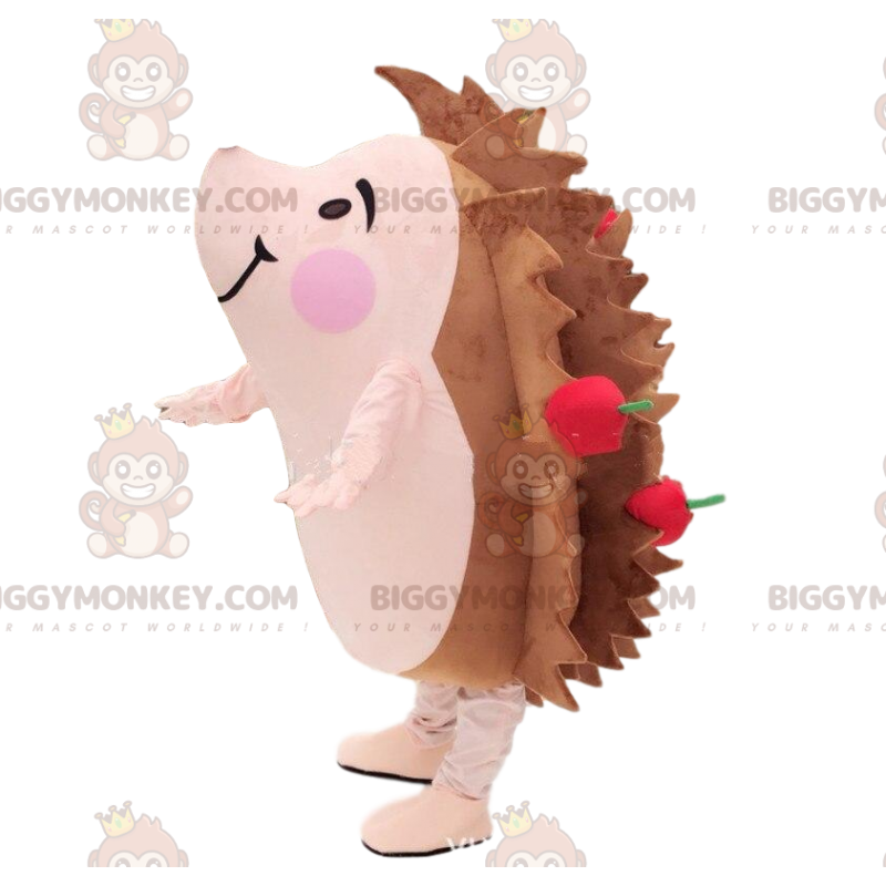 Fantasia de mascote de ouriço marrom e rosa com maçãs