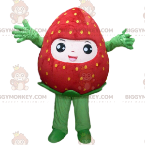 BIGGYMONKEY™ maskotkostume af røde jordbær med gule prikker