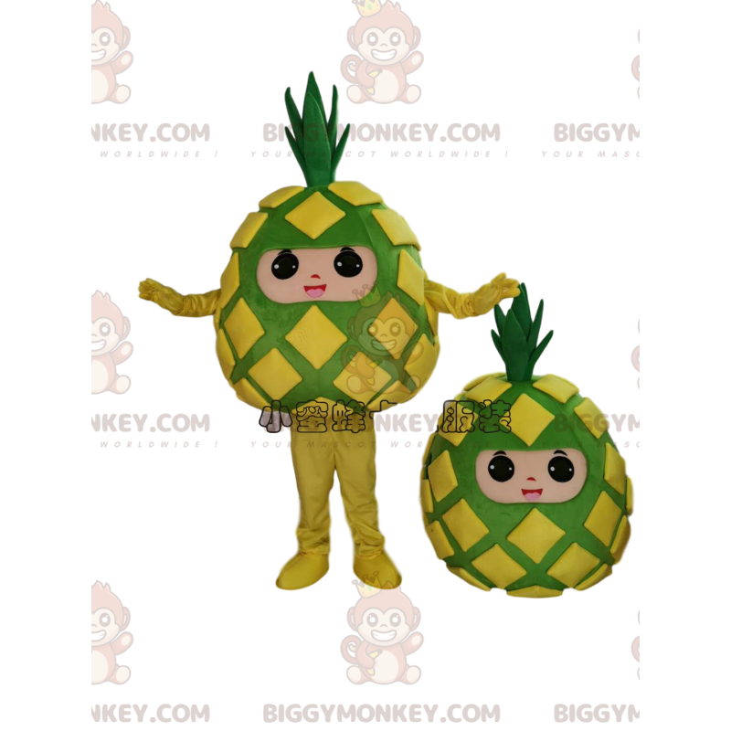 Traje de mascote de abacaxi amarelo e verde BIGGYMONKEY™, traje Traje de mascote de abacaxi amarelo e verde BIGGYMONKEY™, traje