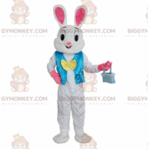 Costume de mascotte BIGGYMONKEY™ de lapin blanc et rose avec un gilet bleu - Mascotte de lapins - BiggyMonkey.com