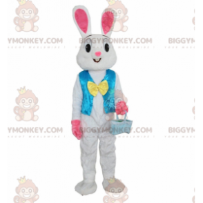 Costume de mascotte BIGGYMONKEY™ de lapin blanc et rose avec un gilet bleu - Mascotte de lapins - BiggyMonkey.com
