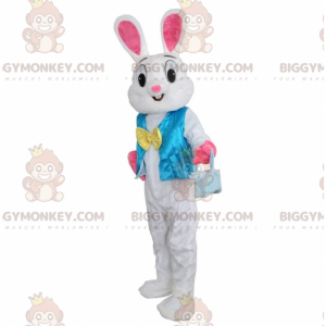 BIGGYMONKEY™ Mascottekostuum wit en roze konijn met blauw vest