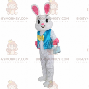 BIGGYMONKEY™ Mascottekostuum wit en roze konijn met blauw vest