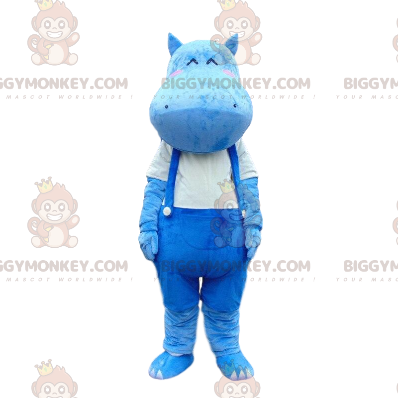 BIGGYMONKEY™ maskotkostume af blå flodhest i overalls, flodhestkostume - Hippopotamus maskoter - BiggyMonkey.com