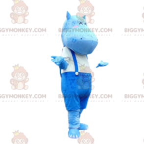 BIGGYMONKEY™ maskotkostume af blå flodhest i overalls, flodhestkostume - Hippopotamus maskoter - BiggyMonkey.com