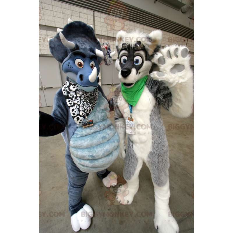 2 BIGGYMONKEY™s mascot: a gray and white dog and a blue