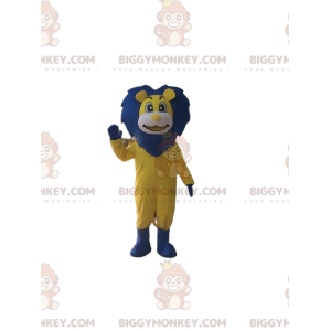 BIGGYMONKEY™ Maskottchenkostüm gelber und blauer Löwe, großes