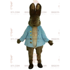 BIGGYMONKEY™ Realistisch bruin konijn-mascottekostuum met blauw