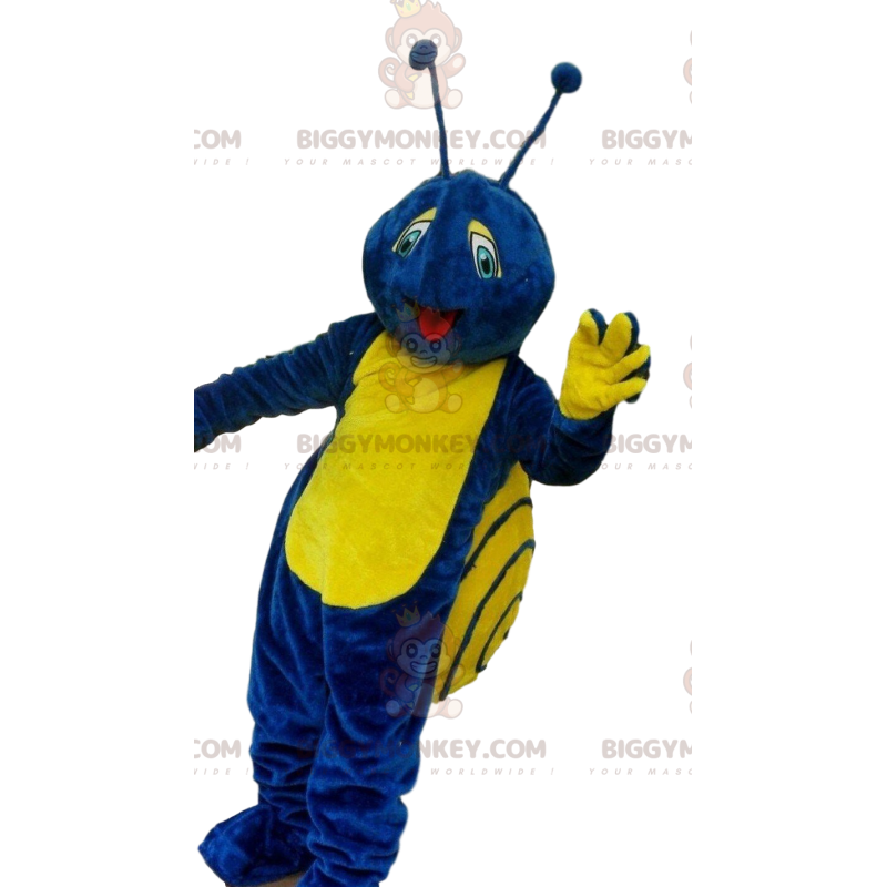 BIGGYMONKEY™ mascot costume blue and yellow snail, colorful BIGGYMONKEY™ mascot costume blue and yellow snail, colorful